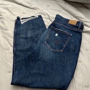 distressed dark wash mom jeans